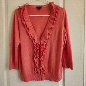 TALBOTS Women Sz M Coral Ruffle Feminine Knit cardigan 3/4 Sleeve Preppy